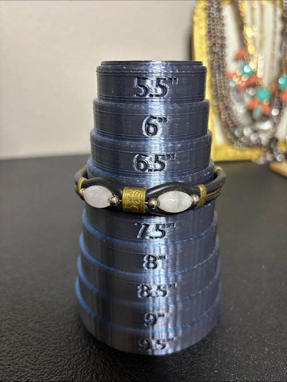 Handcrafted Black Leather Bracelet with White Stone Gem Accents